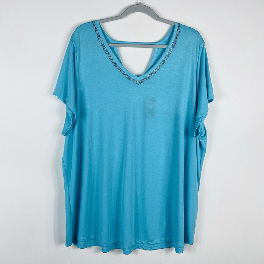 Avenue Plus Size 26 28 Jewel Neck Short Sleeve Top Blue